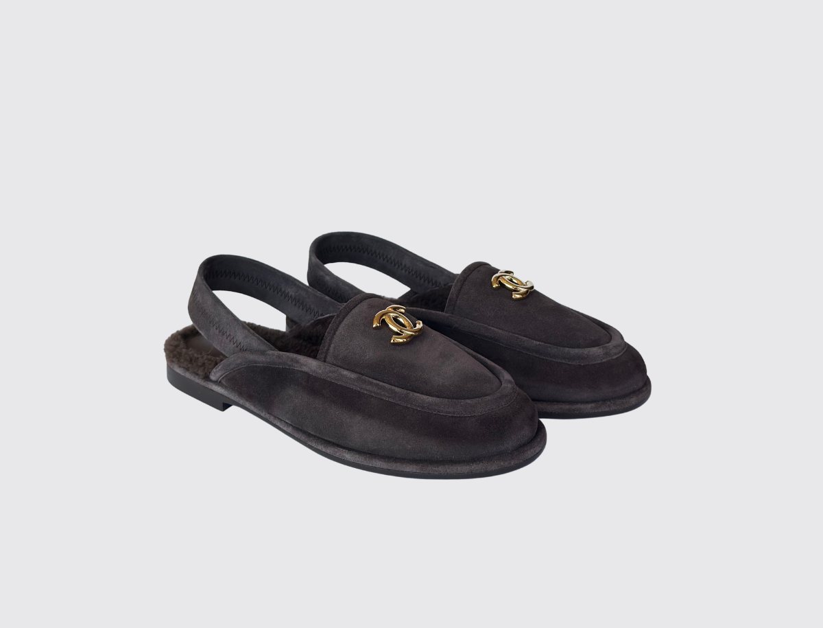 Chanel CC Suede & Shearling Slingback Loafers in dark brown, image 1