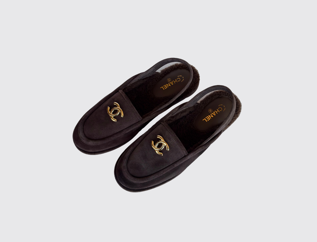 Chanel CC Suede & Shearling Slingback Loafers in dark brown, image 2